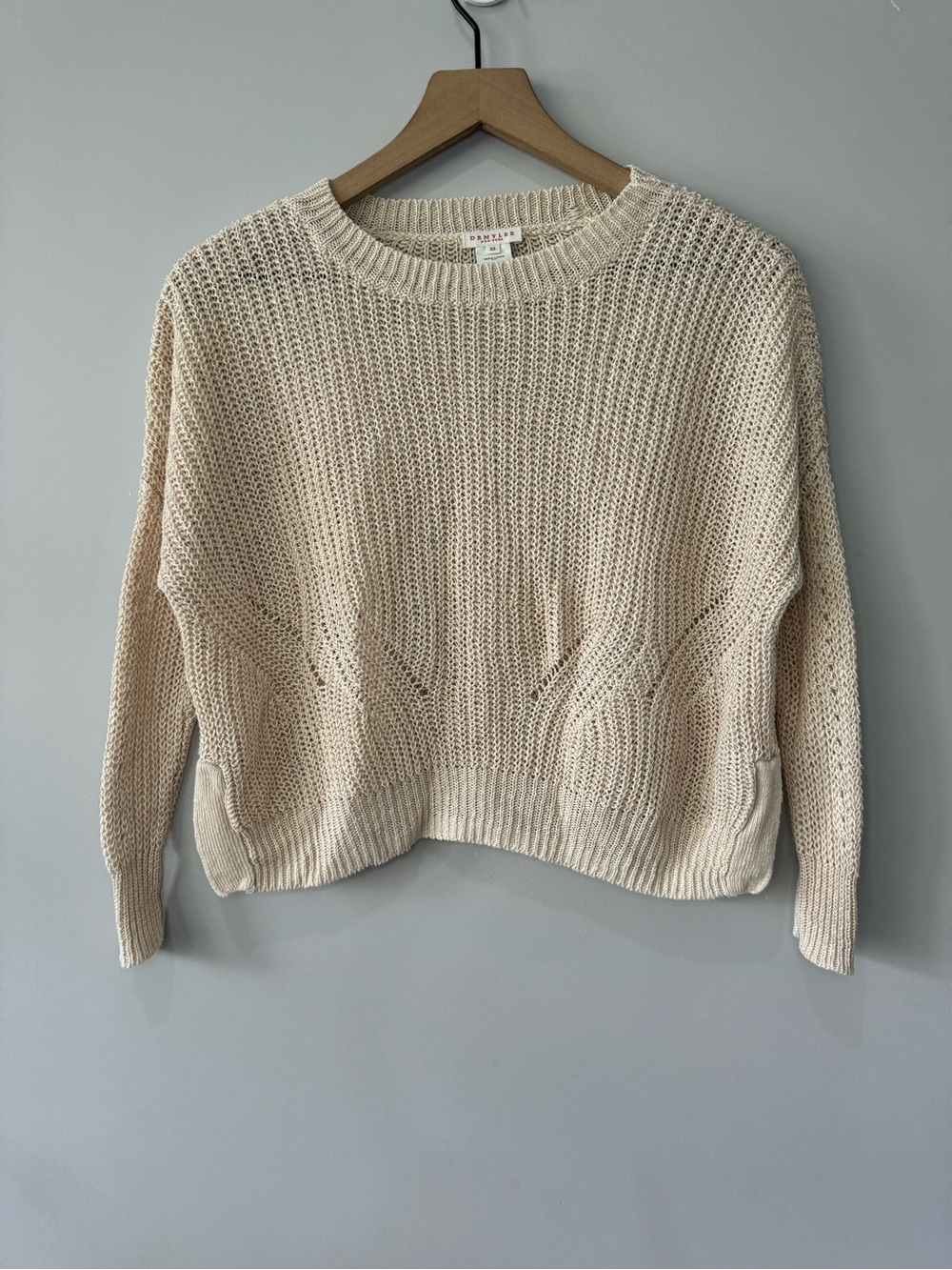 Demylee Cream Linen Crewneck Open Stitch Knit Sweater - Lightweight Pullover XS
